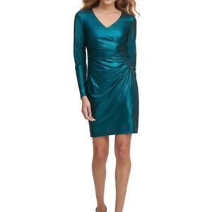 GUESS Women’s Green Blue Shimmer Long Sleeve V Neck Party Dress sz4 NWT